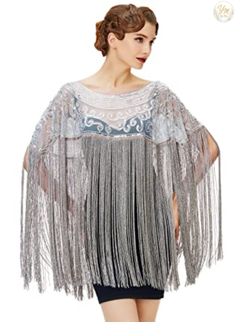 1920s Shawl Wrap Long Fringed Sequin Beaded Evening Cape Cover Up